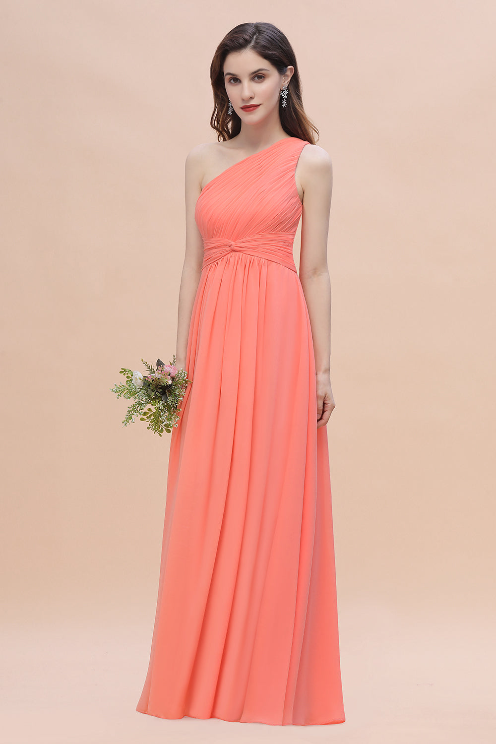 Load image into Gallery viewer, A-Line One Shoulder Chiffon Bridesmaid Dress Pretty Long Wedding Guest Dress-BIZTUNNEL

