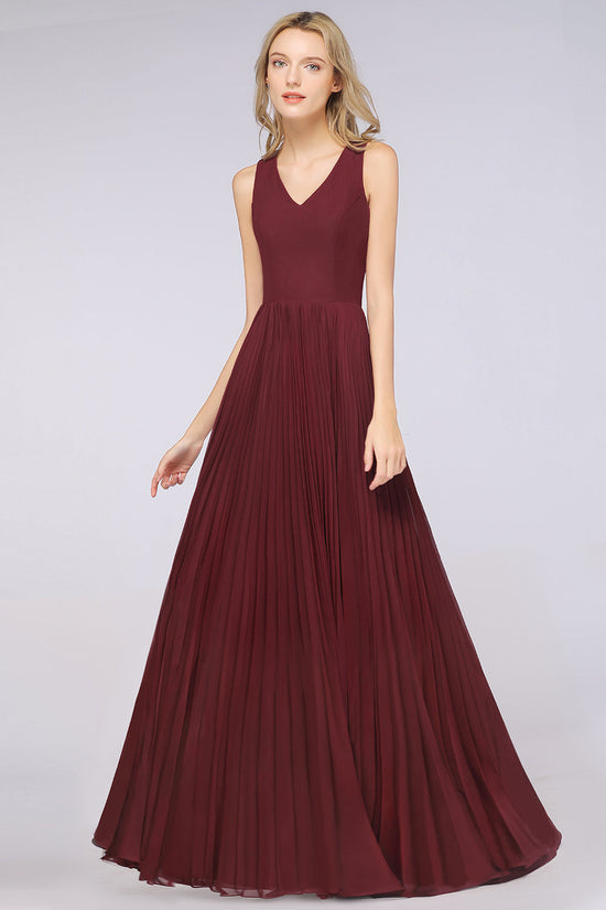 Load image into Gallery viewer, A-Line Satin Chiffon V-Neck Sleeveless Long Bridesmaid Dress with Slit-BIZTUNNEL
