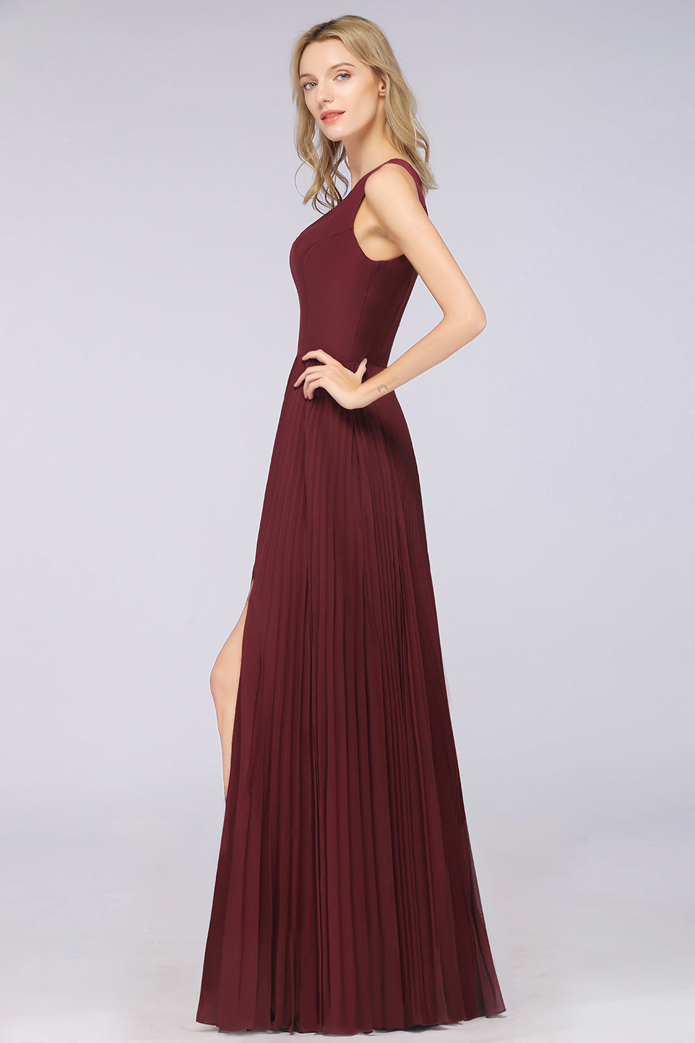 A-Line Satin Chiffon V-Neck Sleeveless Long Bridesmaid Dress with Slit A-Line Satin Chiffon V-Neck Sleeveless Long Bridesmaid Dress with Slit