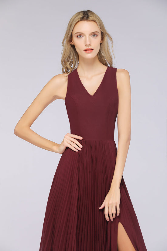 Load image into Gallery viewer, A-Line Satin Chiffon V-Neck Sleeveless Long Bridesmaid Dress with Slit-BIZTUNNEL
