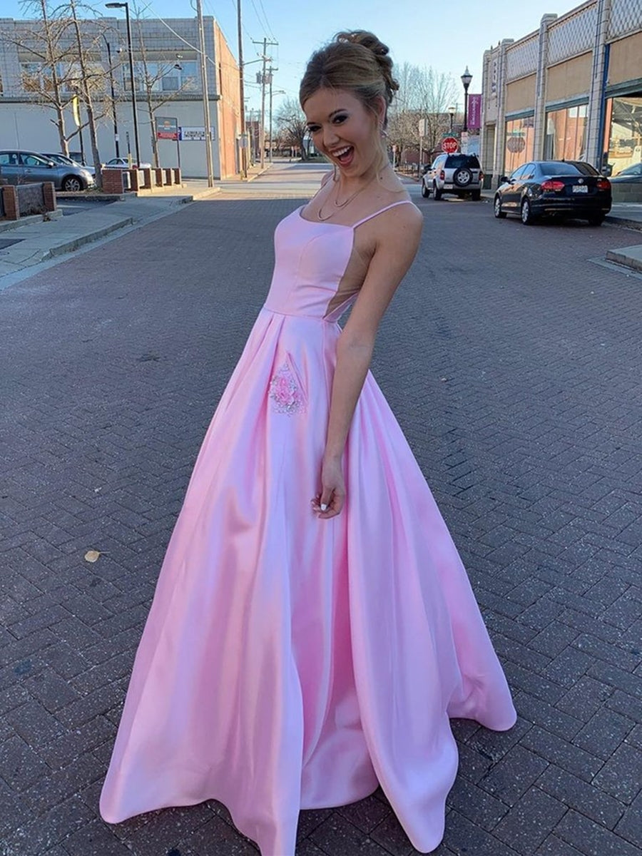 A Line Satin Floral Long Prom Dresses with Pockets Backless Formal Graduation Evening Gowns-BIZTUNNEL