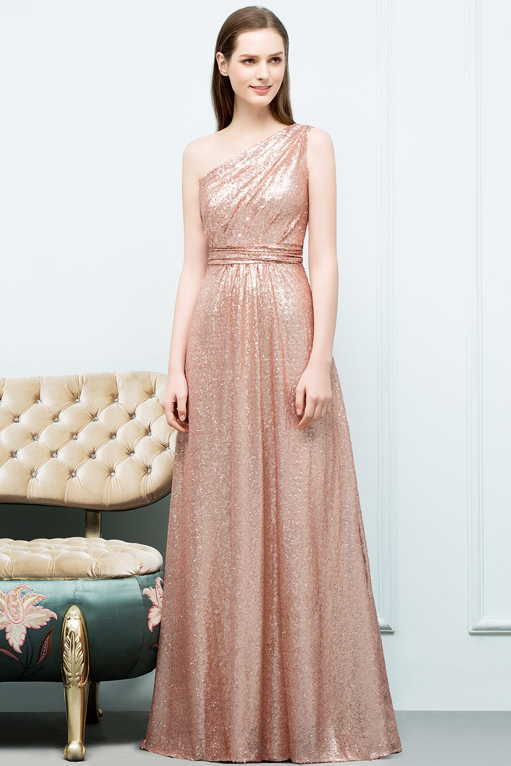 A-line Sequined One-shoulder Sleeveless Long Bridesmaid Dresses-BIZTUNNEL