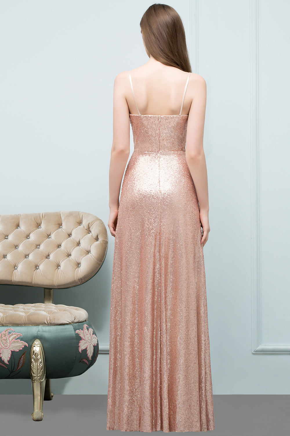 Load image into Gallery viewer, A-line Sequined V-Neck Spaghetti Straps Long Bridesmaid Dress-BIZTUNNEL
