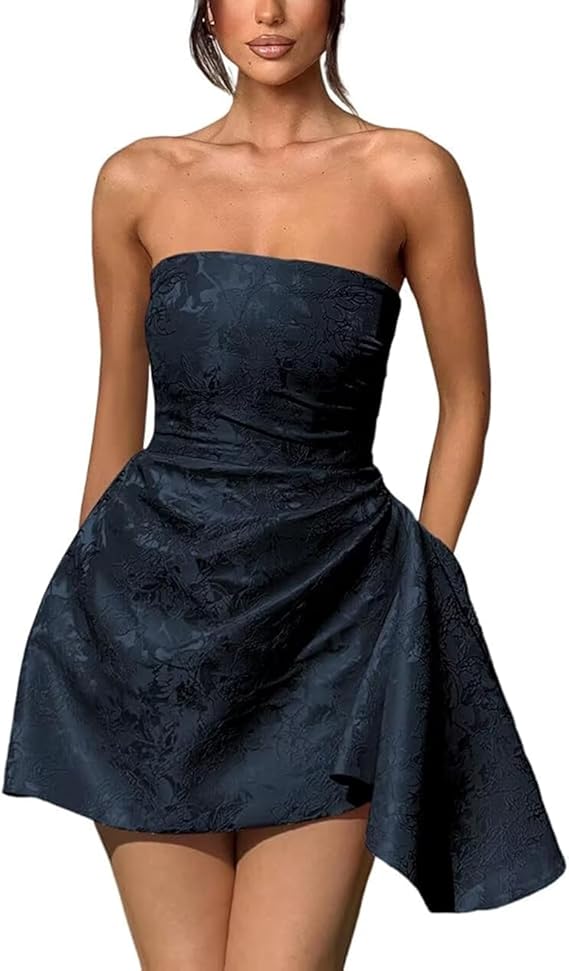 A-line Strapless Sleeveless Short Homecoming Dress Jacquard Satin Asym BIZTUNNEL A-line Strapless Sleeveless Short Homecoming Dress Jacquard Satin Asym BIZTUNNEL