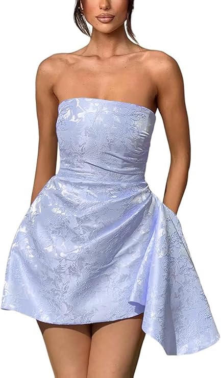 A-line Strapless Sleeveless Short Homecoming Dress Jacquard Satin Asym BIZTUNNEL A-line Strapless Sleeveless Short Homecoming Dress Jacquard Satin Asym BIZTUNNEL