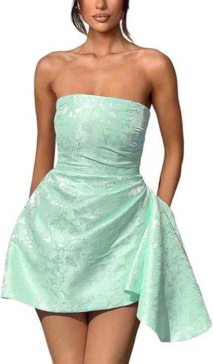 A-line Strapless Sleeveless Short Homecoming Dress Jacquard Satin Asym BIZTUNNEL A-line Strapless Sleeveless Short Homecoming Dress Jacquard Satin Asym BIZTUNNEL