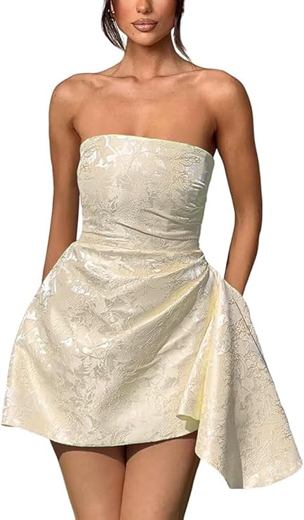 A-line Strapless Sleeveless Short Homecoming Dress Jacquard Satin Asymmetrical Lace up Party Dresses A-line Strapless Sleeveless Short Homecoming Dress Jacquard Satin Asymmetrical Lace up Party Dresses