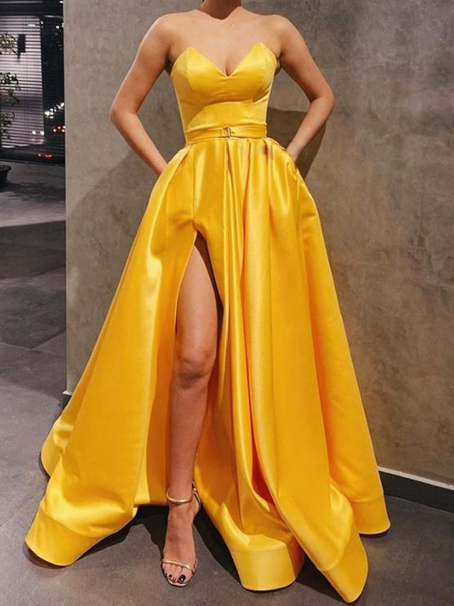 A-line Sweetheart Satin Graduation Prom Dresses Long Formal Gowns with Slit-BIZTUNNEL