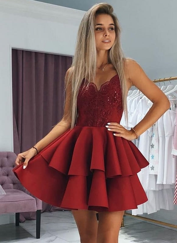 A-line Sweetheart Short Homecoming Dresses with Appliques Lace-BIZTUNNEL