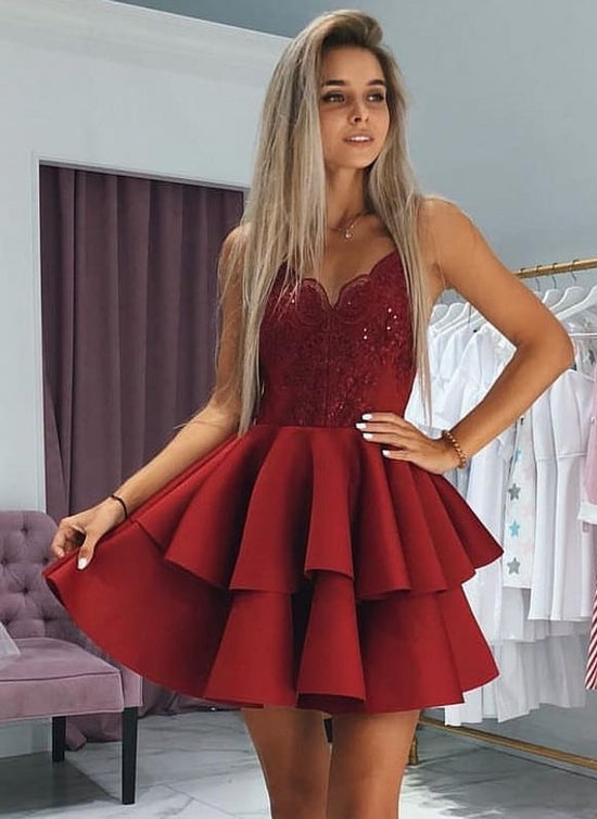 Carregar imagem no visualizador da galeria, A-line Sweetheart Short Homecoming Dresses with Appliques Lace-BIZTUNNEL
