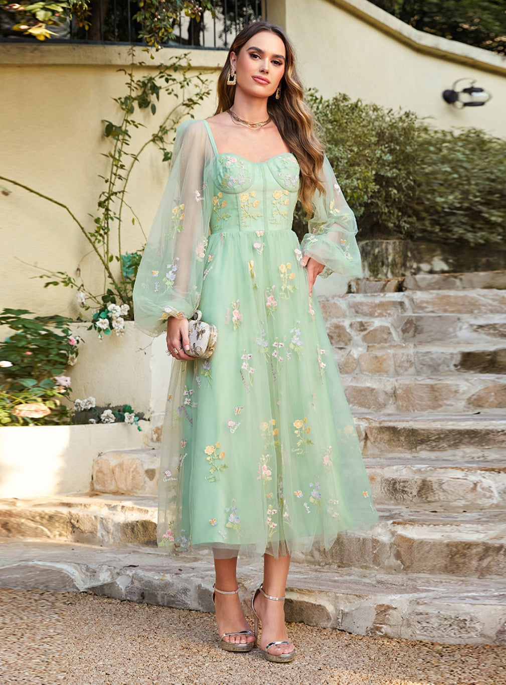 ankle length floral dress Antoinettes Floral Round Neck Ankle Gown Cream