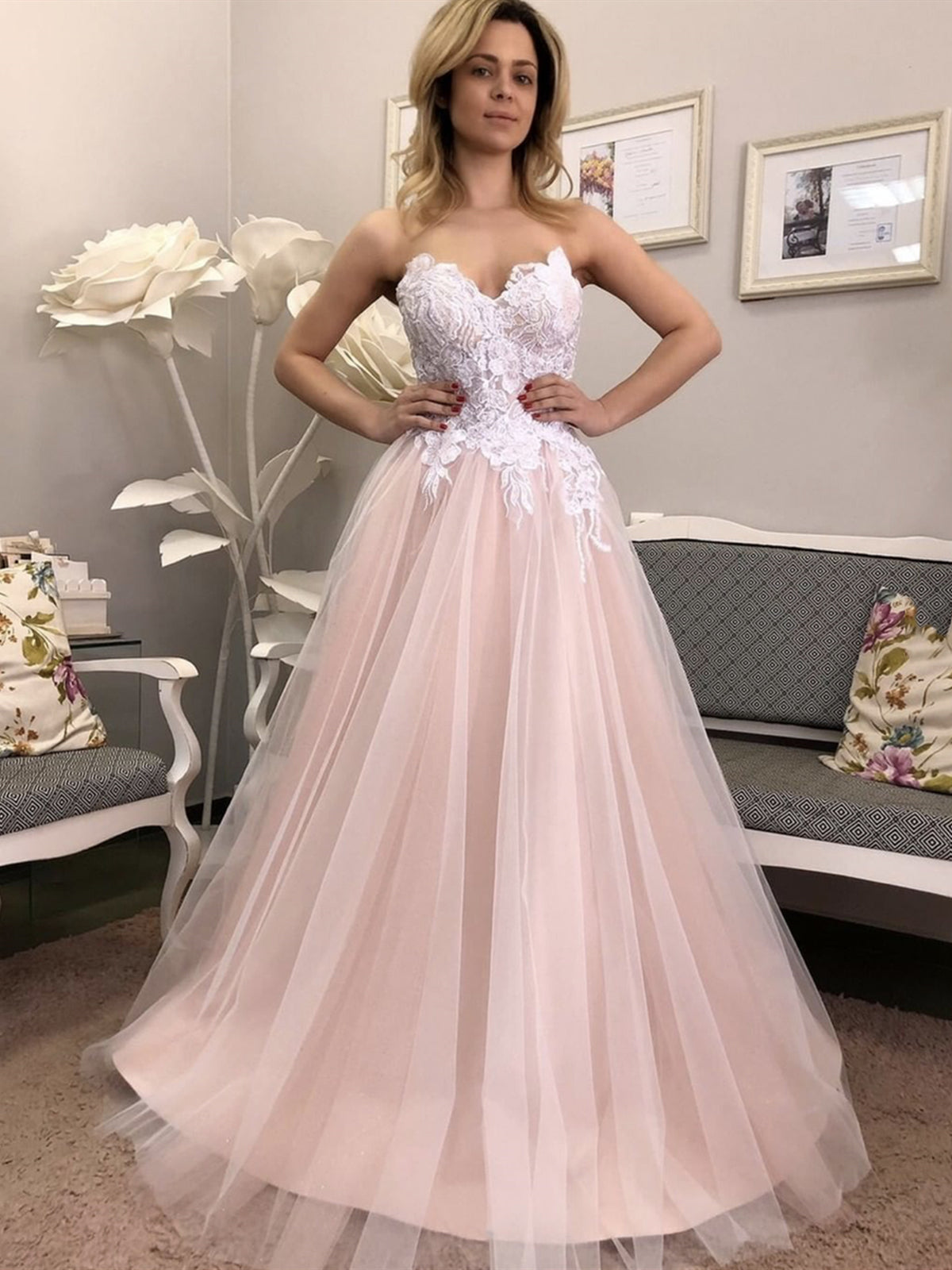 A-line Sweetheart Tulle Lace Formal Graduation Dresses Long Prom Dresses-BIZTUNNEL