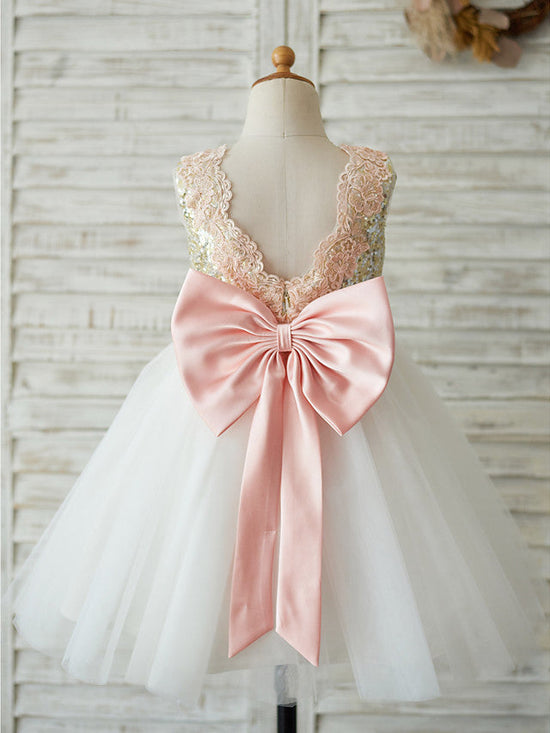 A-Line Tulle Sequined Sleeveless Jewel Neck Wedding Birthday Pageant Flower Girl Dresses-BIZTUNNEL