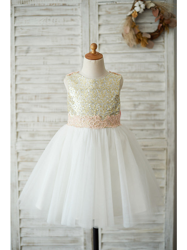 A-Line Tulle Sequined Sleeveless Jewel Neck Wedding Birthday Pageant Flower Girl Dresses-BIZTUNNEL