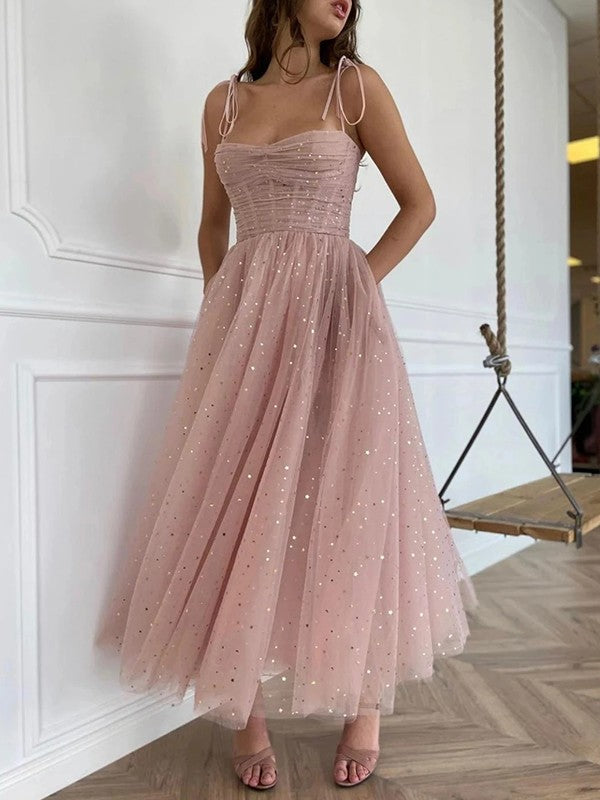 A-Line Tulle Spaghetti Straps Short Prom Dresses with Pockets-BIZTUNNEL