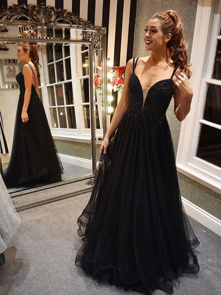 A Line V Neck Backless Beaded Black Long Prom Formal Graduation Evening Dresses-BIZTUNNEL