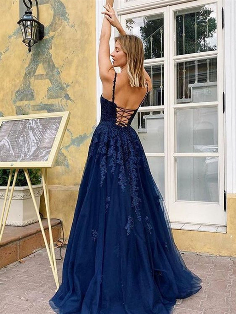 A Line V Neck Backless Lace Long Prom Dresses Dark Navy Formal Evening Gowns A Line V Neck Backless Lace Long Prom Dresses Dark Navy Formal Evening Gowns