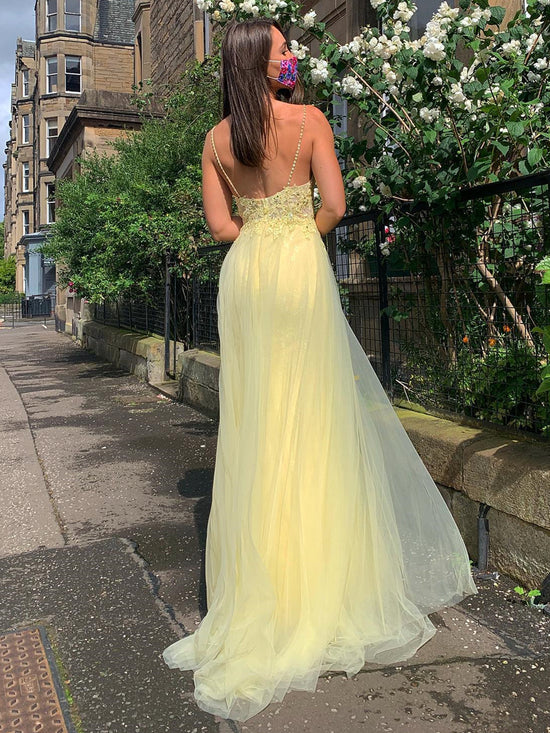Charger l&amp;#39;image dans la galerie, A Line V Neck Backless Lace Long Prom Dresses with Slit Yellow Formal Evening Gowns-BIZTUNNEL
