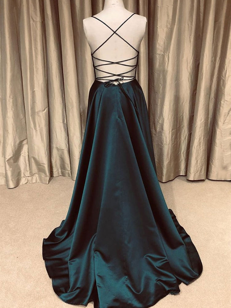 A Line V Neck Backless Long Prom Dresses Simple Dark Green Formal Even BIZTUNNEL A Line V Neck Backless Long Prom Dresses Simple Dark Green Formal Even BIZTUNNEL