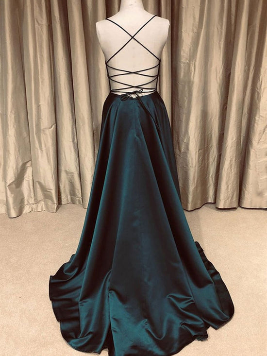 Cargar imagen en el visor de la Galería, A Line V Neck Backless Long Prom Dresses Simple Dark Green Formal Evening Gowns-BIZTUNNEL
