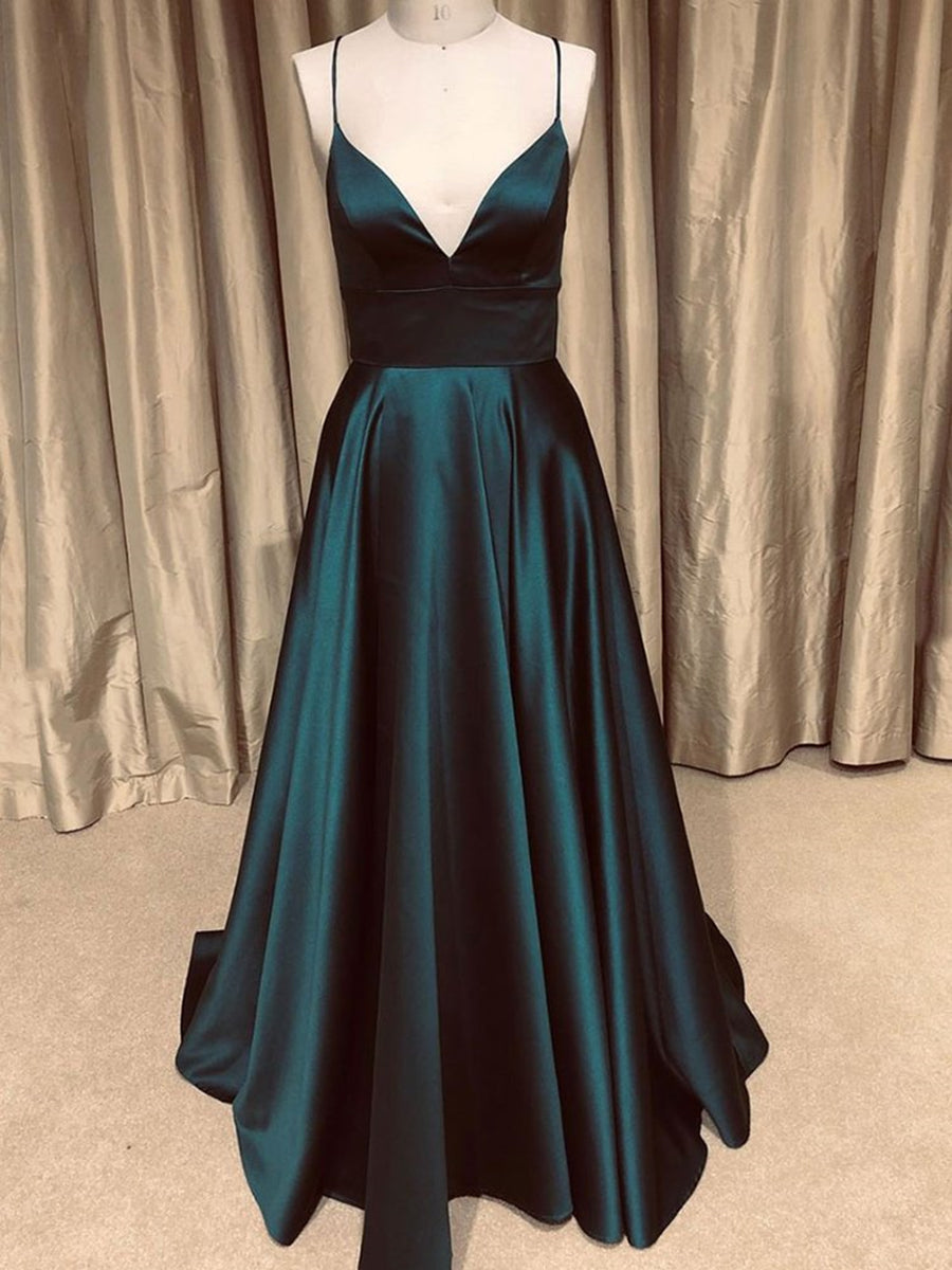 Cargar imagen en el visor de la Galería, A Line V Neck Backless Long Prom Dresses Simple Dark Green Formal Evening Gowns-BIZTUNNEL
