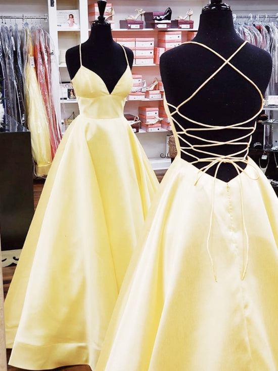 A Line V Neck Backless Long Prom Dresses with Cross Back Yellow Formal Graduation Evening Gowns-BIZTUNNEL