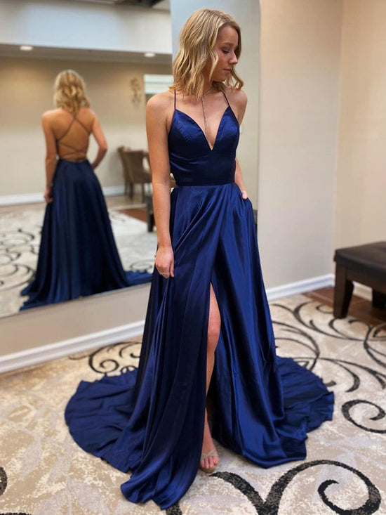 A-line V Neck Backless Long Prom Dresses with Slit Open Back Formal Graduation Evening Gowns with Pockets-BIZTUNNEL