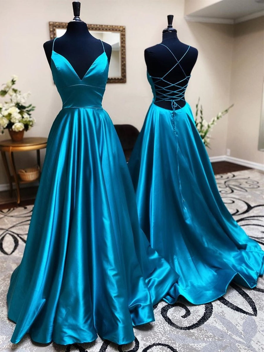 A Line V Neck Backless Satin Long Prom Dresses Open Back Formal Graduation Evening Gowns A Line V Neck Backless Satin Long Prom Dresses Open Back Formal Graduation Evening Gowns