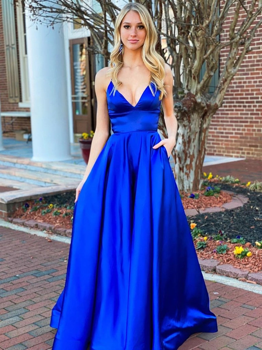 Cargar imagen en el visor de la Galería, A Line V Neck Backless Satin Long Prom Dresses Royal Blue Formal Evening Gowns-BIZTUNNEL
