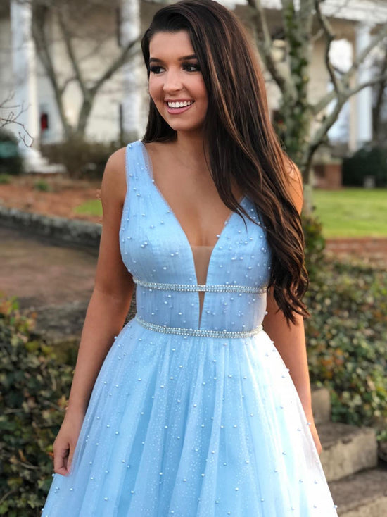 A Line V Neck Beading Long Prom Dresses with Beaded Belt Sky Blue Blue Formal Evening Gowns-BIZTUNNEL