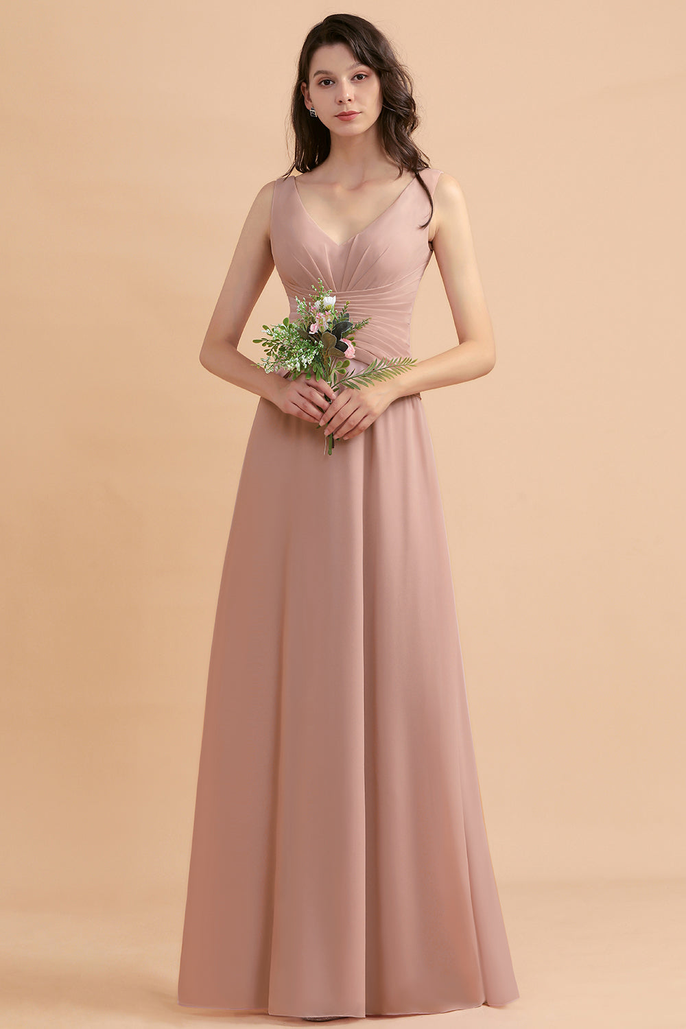 Load image into Gallery viewer, A-Line V-neck Chiffon Backless Bridesmaid Dress Classy Long Maid of Honor Dress-BIZTUNNEL
