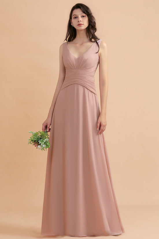 Carregar imagem no visualizador da galeria, A-Line V-neck Chiffon Backless Bridesmaid Dress Classy Long Maid of Honor Dress-BIZTUNNEL
