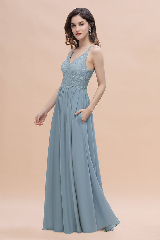 Carregar imagem no visualizador da galeria, A-Line V-Neck Chiffon Bridesmaid Dress Simple Long Evening Dress-BIZTUNNEL
