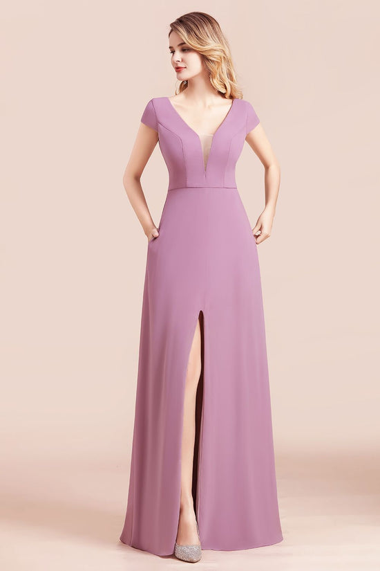 Carregar imagem no visualizador da galeria, A-Line V-neck Chiffon Front Slit Long Bridesmaid Dress Wth Pockets-BIZTUNNEL

