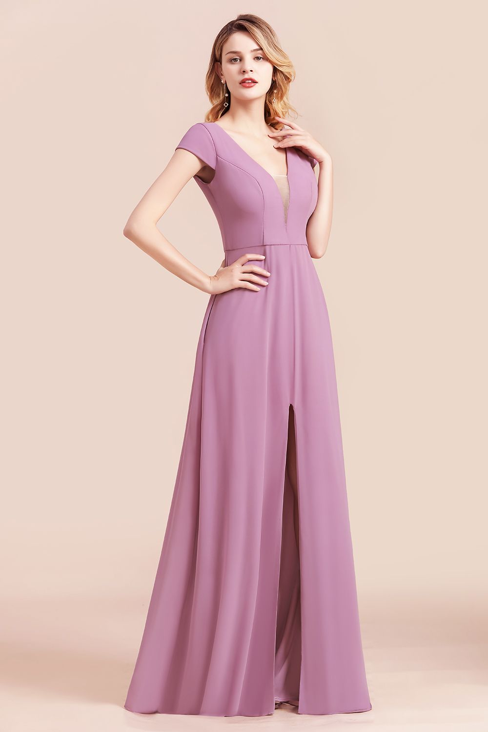 Load image into Gallery viewer, A-Line V-neck Chiffon Front Slit Long Bridesmaid Dress Wth Pockets-BIZTUNNEL
