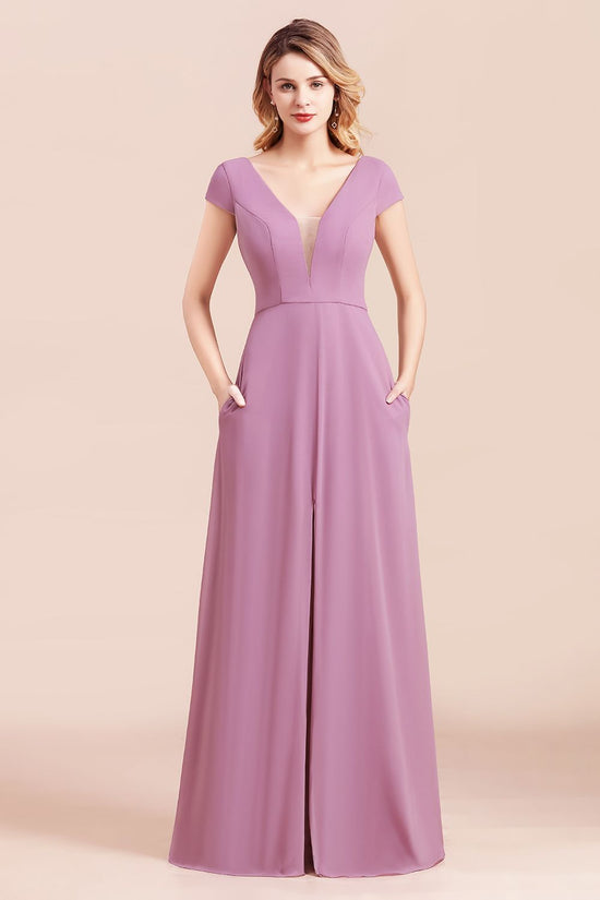 Load image into Gallery viewer, A-Line V-neck Chiffon Front Slit Long Bridesmaid Dress Wth Pockets-BIZTUNNEL
