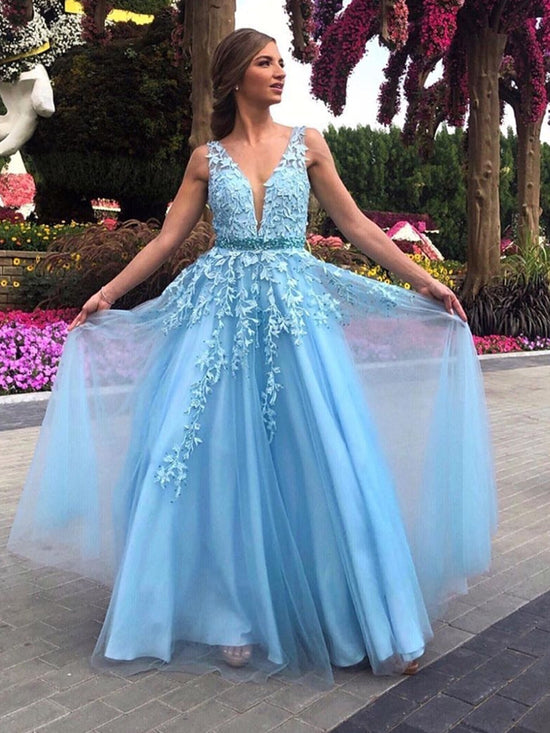 A Line V Neck Lace Long Prom Dresses Tulle Formal Evening Gowns-BIZTUNNEL