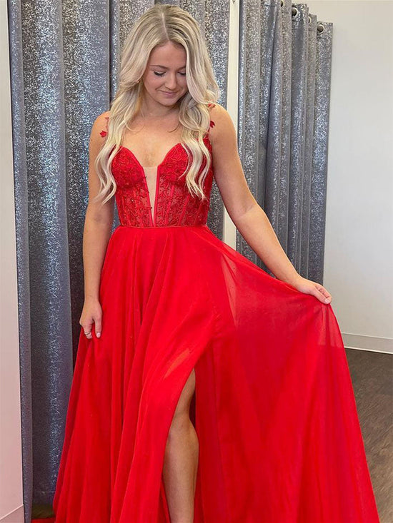 A-line V Neck Lace Long Prom Dresses with Slit Red Chiffon Formal Graduation Evening Gowns-BIZTUNNEL