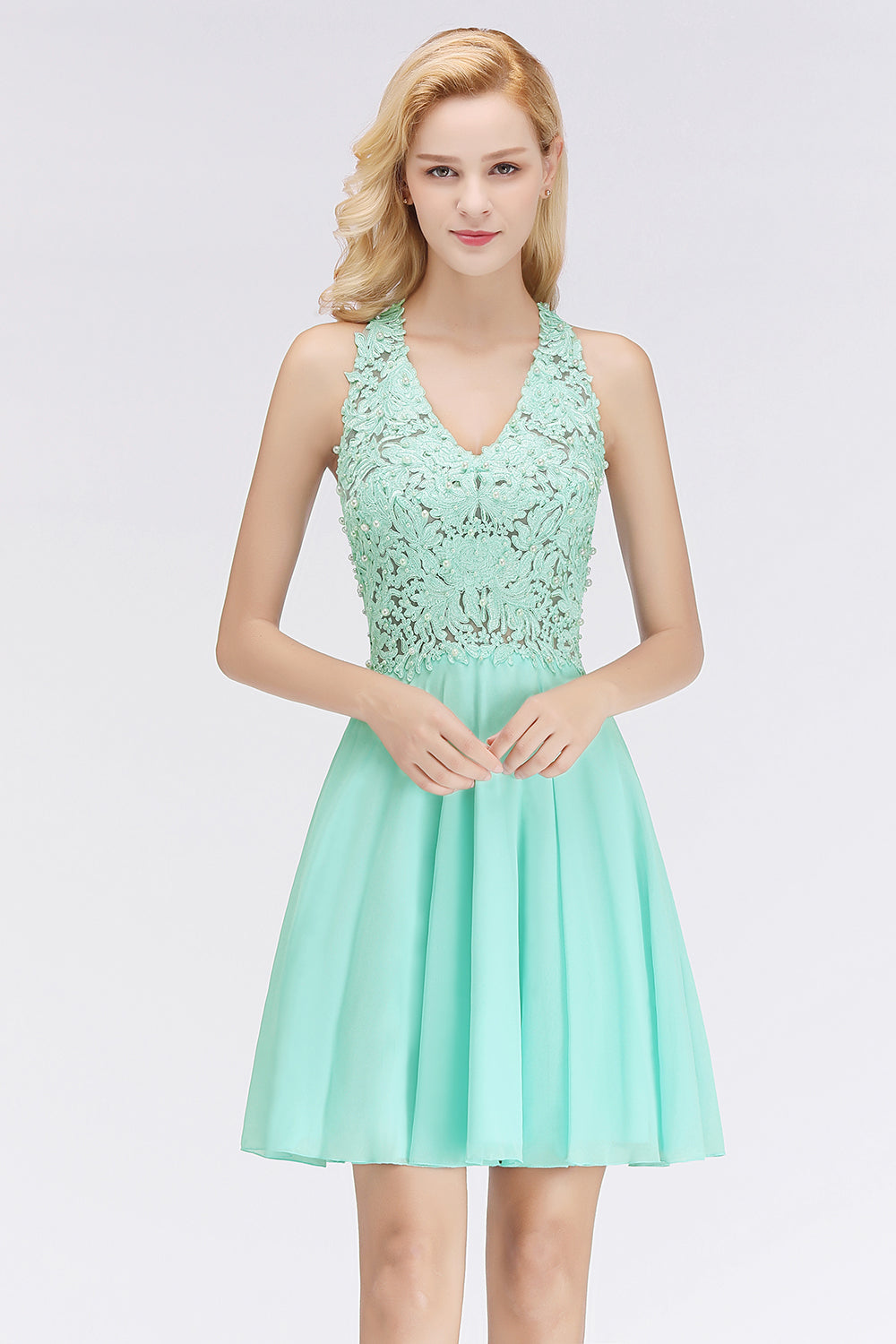 A-Line V-Neck Lace Sleeveless Short Bridesmaid Dress-BIZTUNNEL