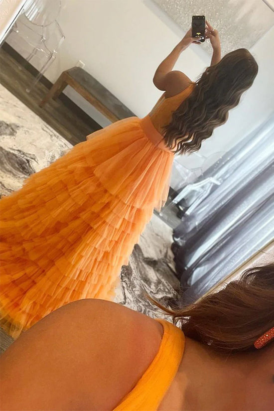 A-line V Neck Layered Tulle Long Prom Dresses Orange Formal Evening Gowns-BIZTUNNEL