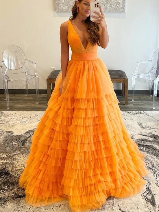 A-line V Neck Layered Tulle Long Prom Dresses Orange Formal Evening Gowns-BIZTUNNEL