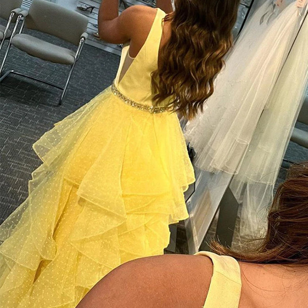 A-Line V Neck Layered Tulle Long Prom Dresses with Belt Yellow A-Line V Neck Layered Tulle Long Prom Dresses with Belt Yellow