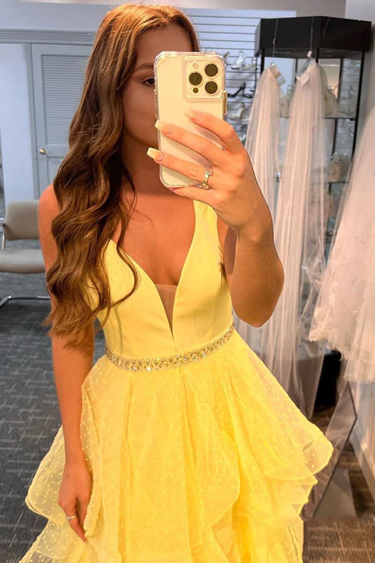 A-line V Neck Layered Tulle Long Prom Dresses with Belt Yellow Formal Graduation Evening Gowns-BIZTUNNEL