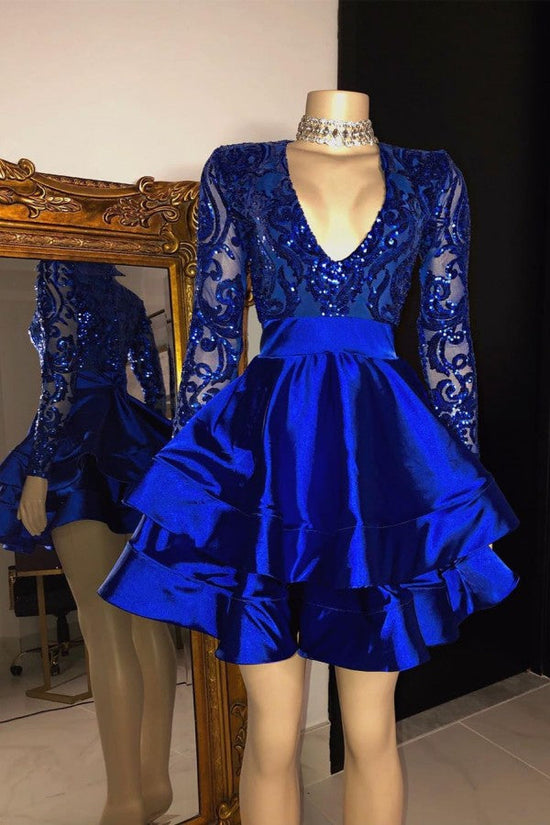 Carregar imagem no visualizador da galeria, A-line V-neck Layers Sequins Short Prom Dress with Sleeves-BIZTUNNEL
