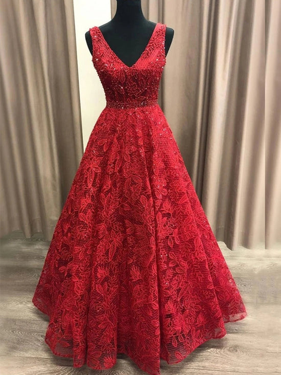 Load image into Gallery viewer, A-line V Neck Long Lace Prom Dresses Burgundy Formal Graduation Evening Gowns-BIZTUNNEL
