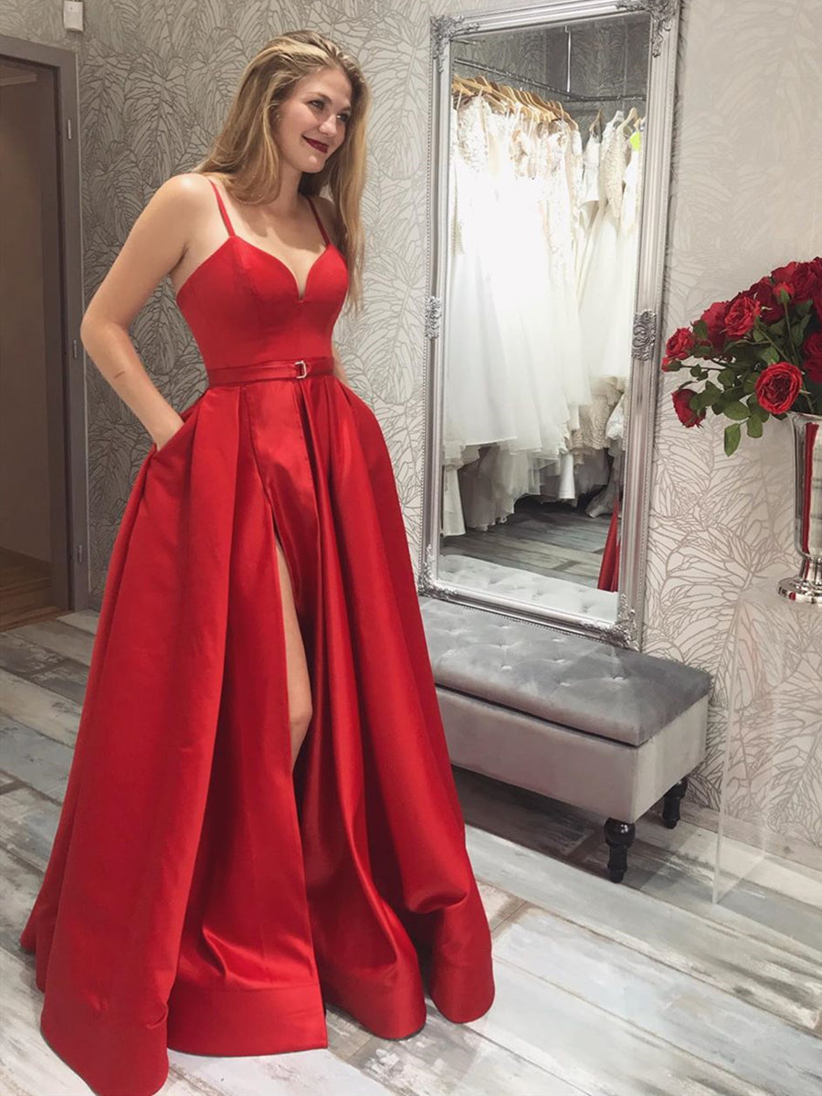 Load image into Gallery viewer, A Line V Neck Long Prom Dresses with High Slit Satin Formal Graduation Dresses with Pockets-BIZTUNNEL
