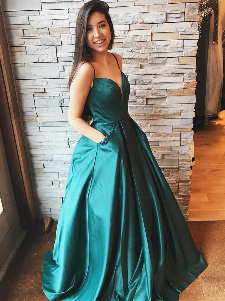 A Line V Neck Long Prom Dresses with Pockets Satin Formal Evening Dresses-BIZTUNNEL