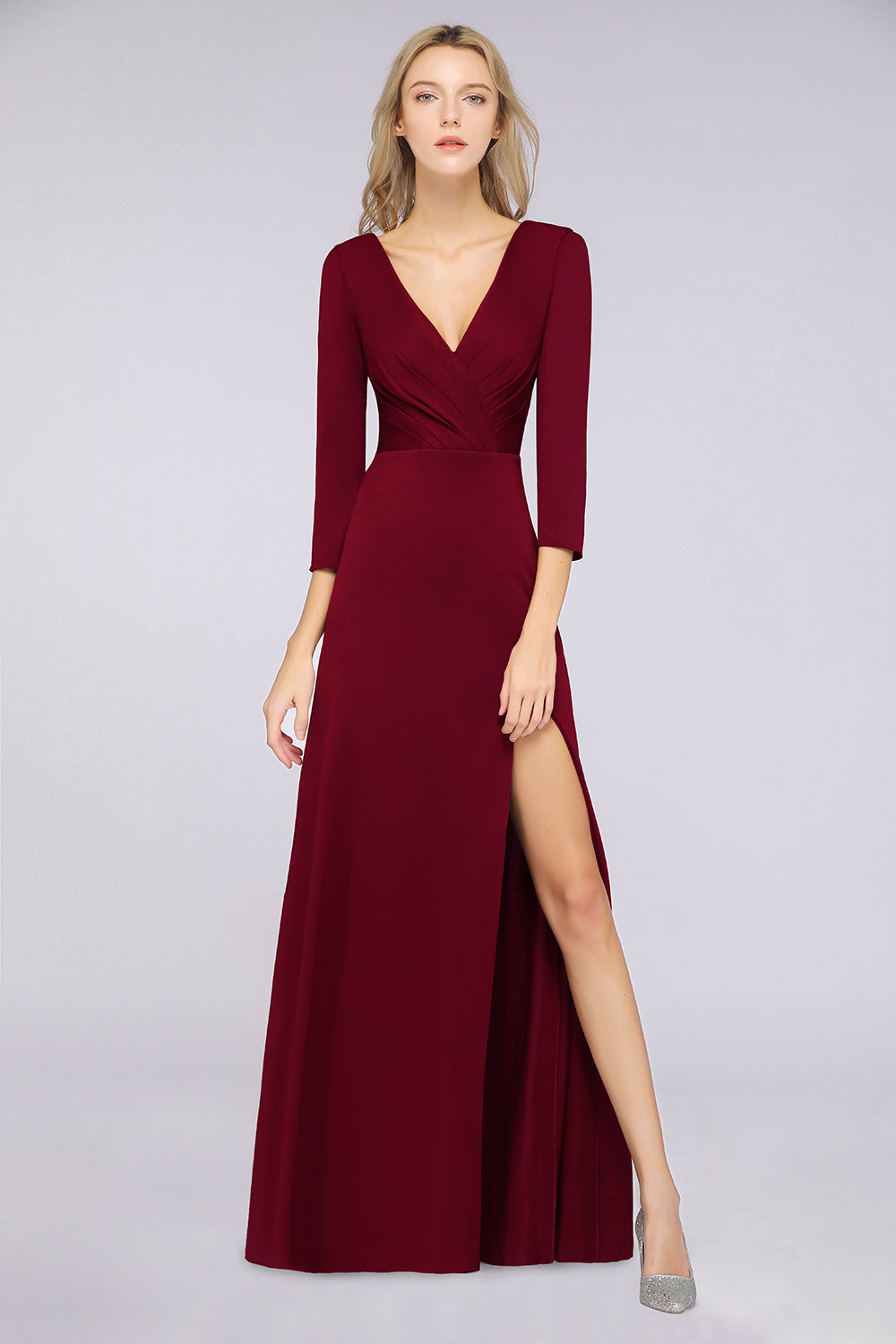 A-Line V-Neck Long Sleeves Burgundy Bridesmaid Dress with Slit A-Line V-Neck Long Sleeves Burgundy Bridesmaid Dress with Slit