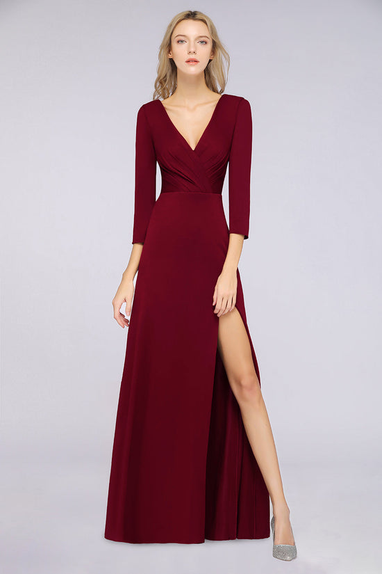 Olive A Line V-Neck Sleeveless Velvet Bridesmaid Dress with Slit