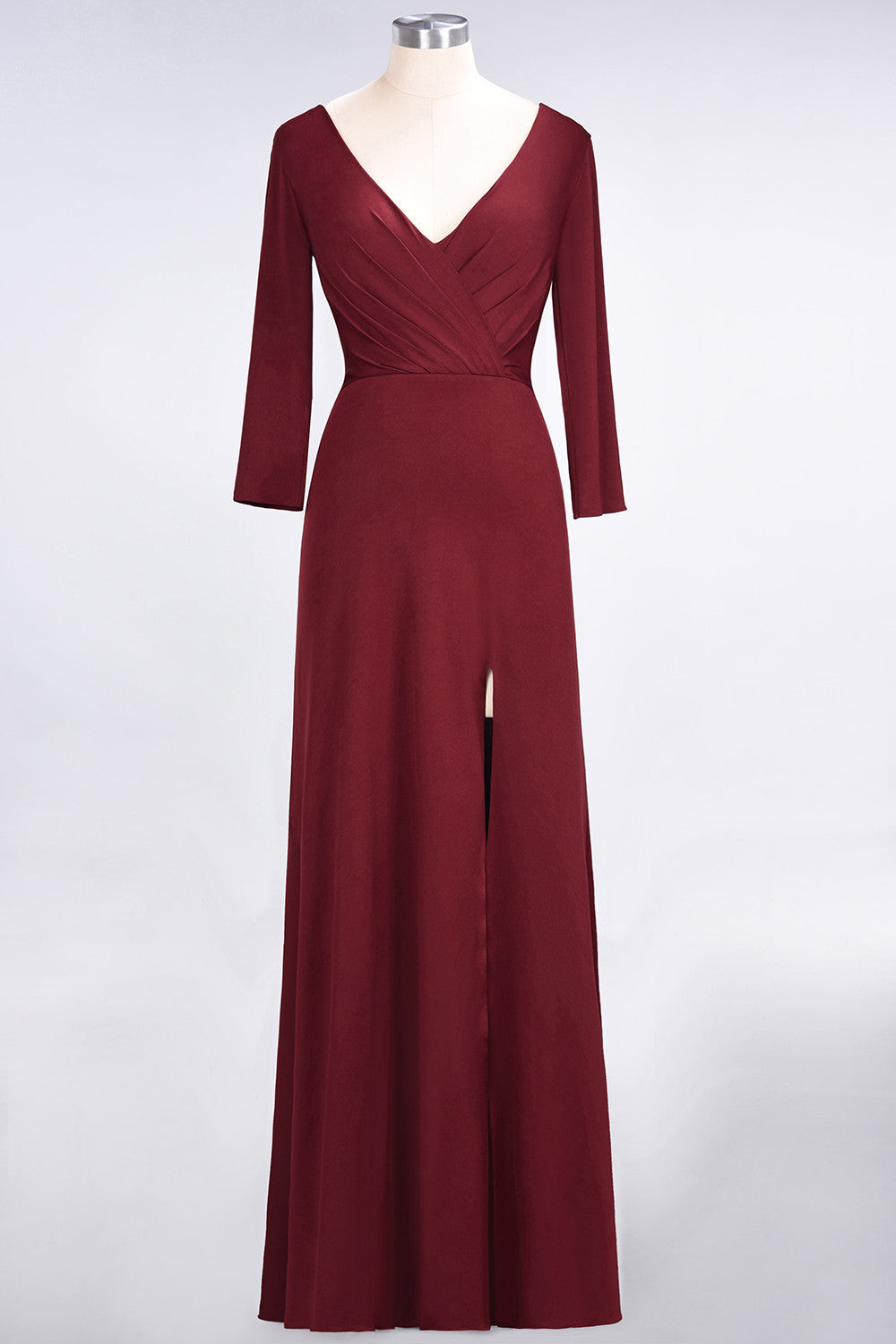 A-Line V-Neck Long Sleeves Burgundy Bridesmaid Dress with Slit BIZTUNNEL A-Line V-Neck Long Sleeves Burgundy Bridesmaid Dress with Slit BIZTUNNEL